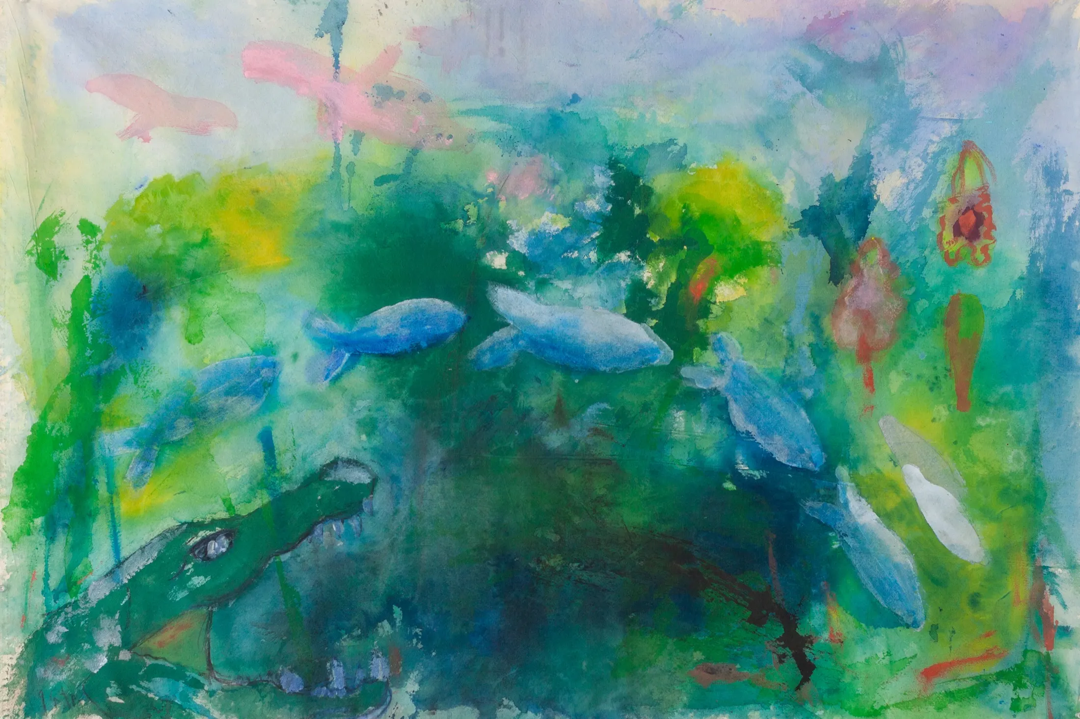 Close view of a watery green-blue painting with blue fish, pink birds above, and a green crocodile head at lower left.