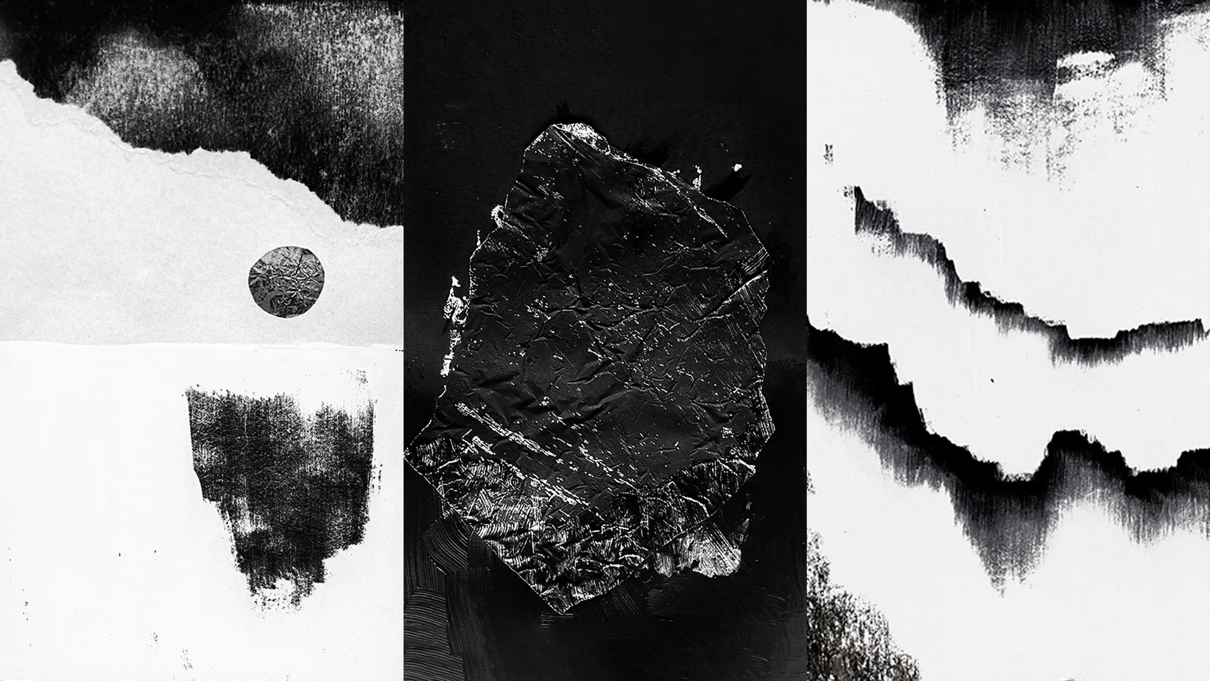 Black-and-white triptych: torn paper with a silver circle, crumpled black foil on black, and ink washes in horizontal bands