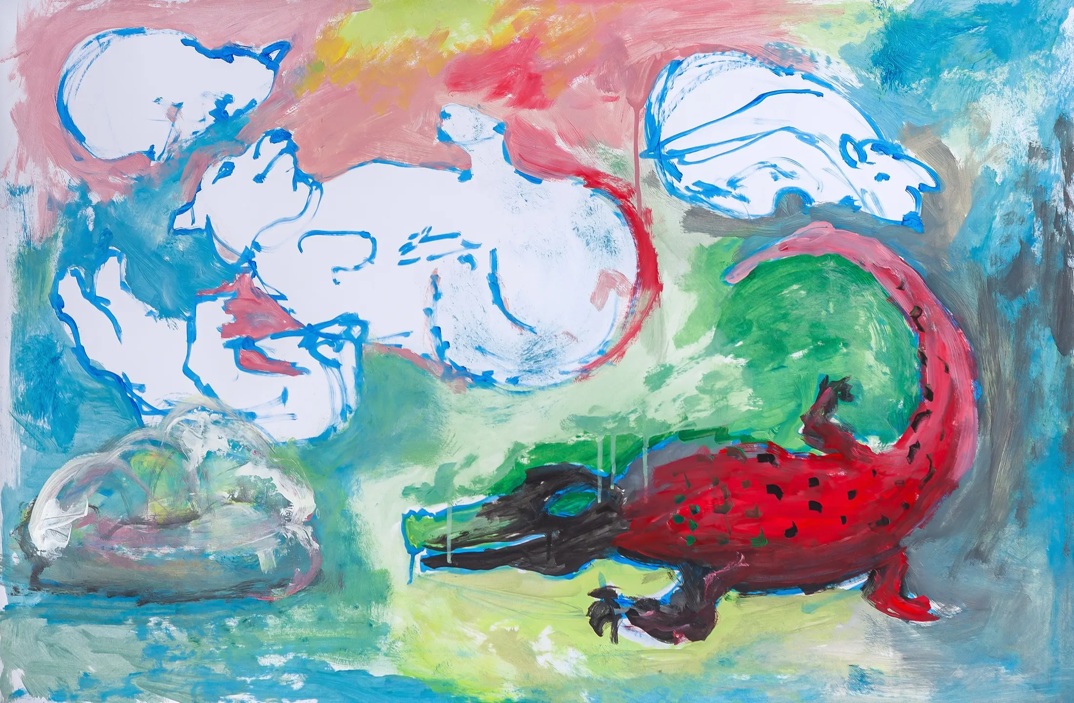 Colorful painting with white blue-outlined animal figures floating above a red-spotted crocodile on a green and turquoise ground.