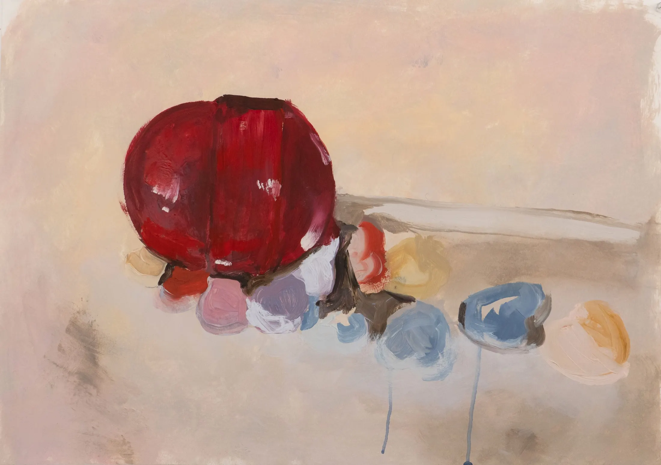 Painting of a large dark red round vessel above a cluster of soft multicolored blob shapes on a pale beige ground.