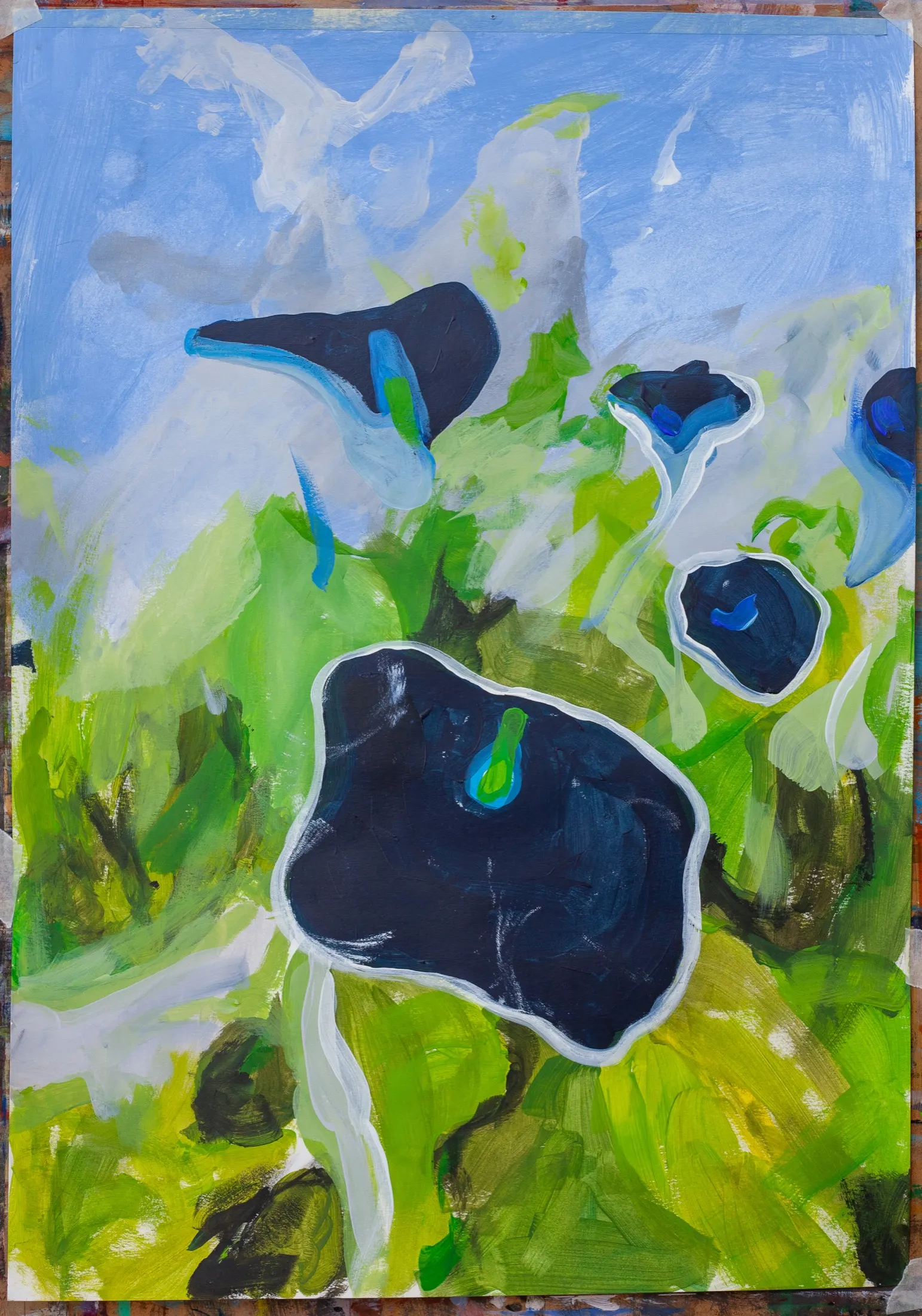 Gestural painting of dark navy calla-lily-like flowers outlined in white amid bright greens under a blue sky.