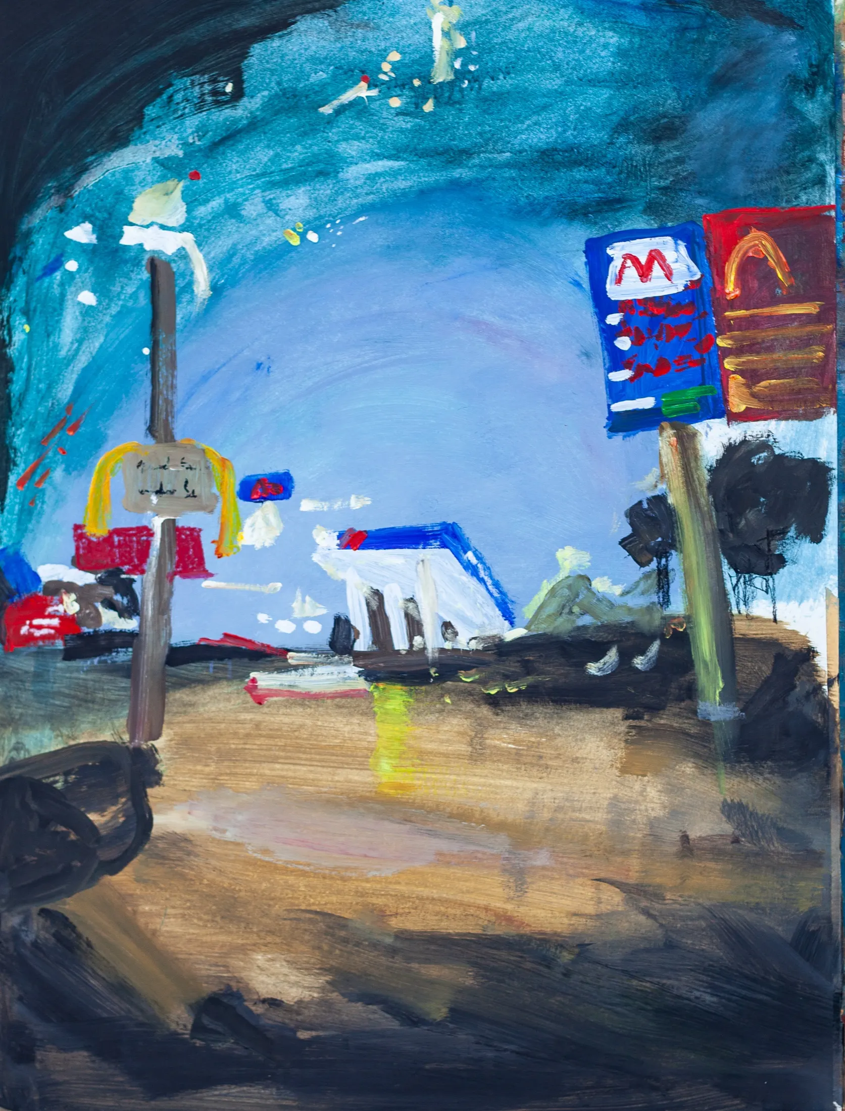 Expressive painting of a roadside at dusk with fast-food signs, a signpost, and a gas-station canopy under a teal-blue sky.