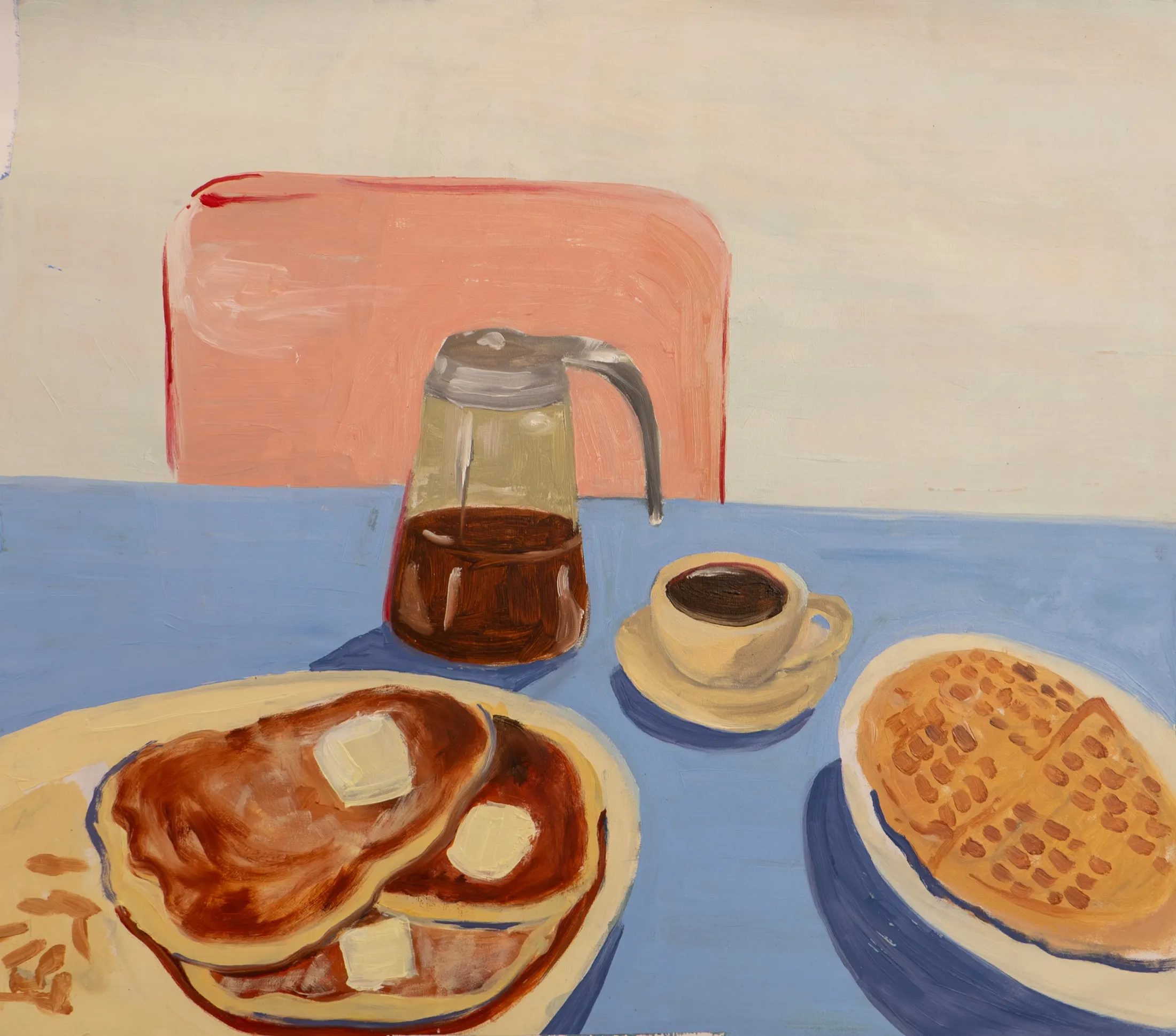 Painting of a diner breakfast with a syrup pitcher, cup of coffee, pancakes with butter, and a waffle on a blue table.